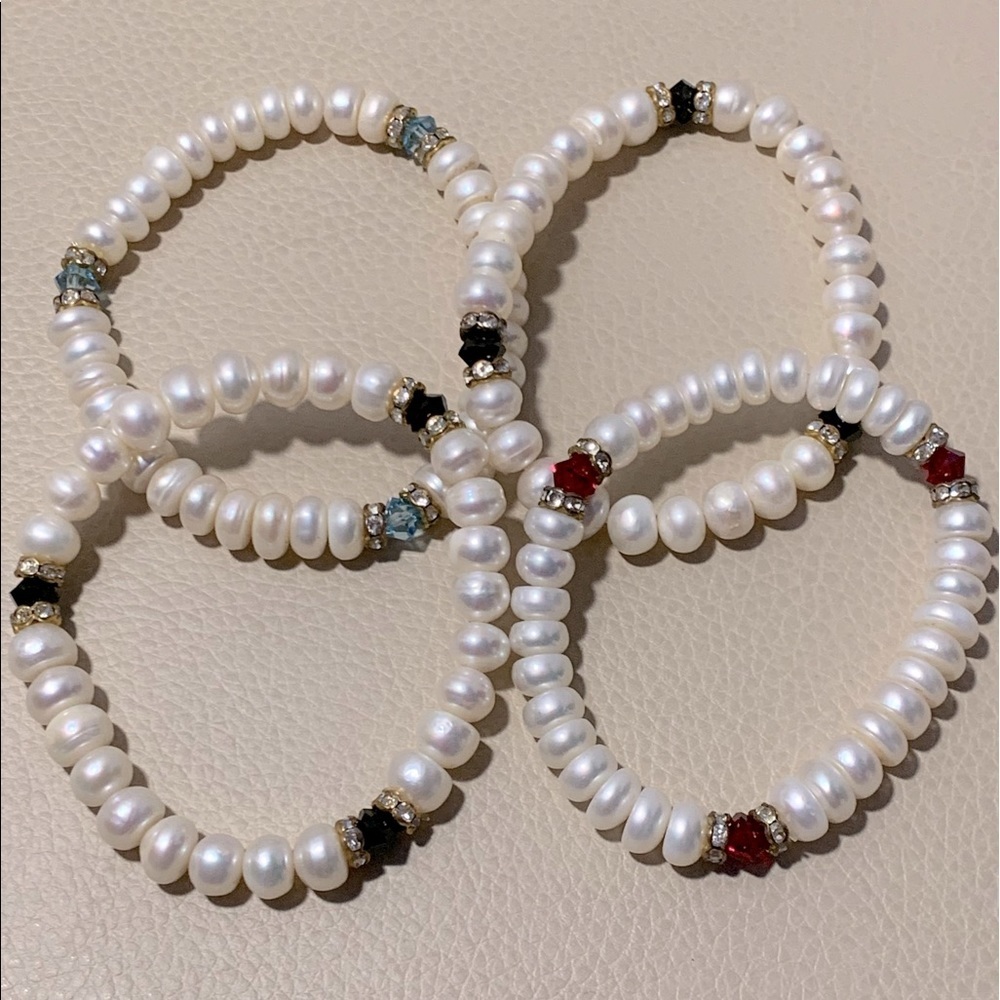 Set Of Four Faux Pearl & Gem Bead Bracelets